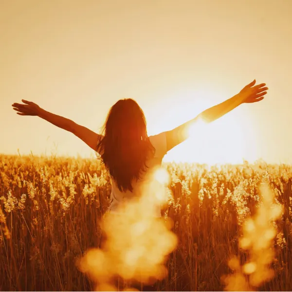 Frau mit ausgebreiteten Armen in einem goldenen Feld bei Sonnenuntergang – Ganzheitlicher Wohlstand